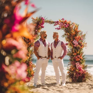 Two muscular men standing together on a sunlit tropical beach, p...