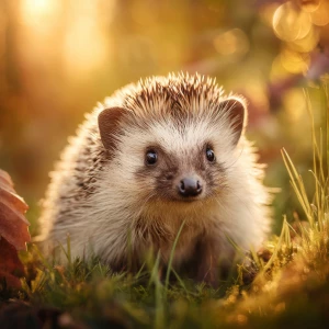 ultra-cute baby hedgehog sitting in soft woodland grass at golde...