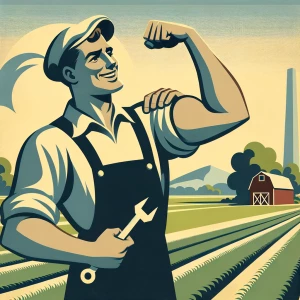 Create a male worker, smiling, posing with one biceps flexing,Ik...