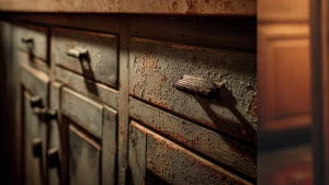 Capture an intimate view of worn-out kitchen cabinets showcasing...