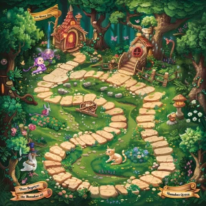 A detailed fantasy board game illustration with a path made of 1...