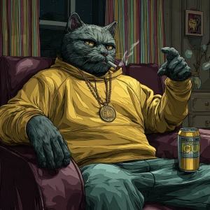 A humanoid cat character sitting in a dark room with striped cur...