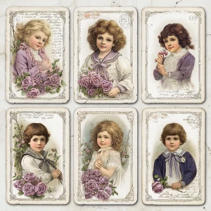 Victorian Mauve Rose Portraits – 6 Cards (Children with Bouquets...