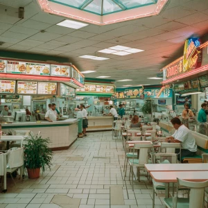 A bustling 1992 mall food court, filled with retro fast-food cou...