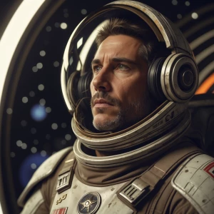 A weathered, yet resilient, archetypal deep space explorer gazes...