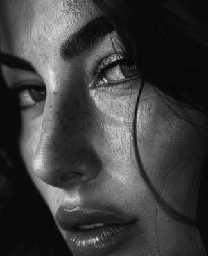 Ultra realistic big close-up portrait of Monica Bellucci, black...