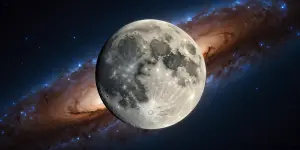 A majestic crescent-shaped moon looms over a swirling galaxy in...