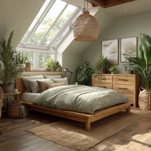 Photorealistic full-room shot of a sustainable eco-friendly bedr...