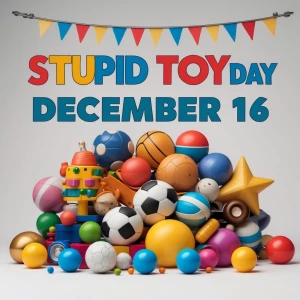 Banner states
“Stupid Toy Day
December 16”
(pile of silly, stran...