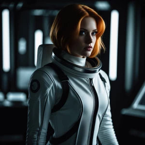 Redhead supermodel in a space suit full body portrait