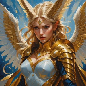 A fervently exalted Valkyrie adorned in shimmering gold, her pas...