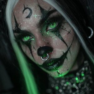 A surreal portrait of a sinister clown-inspired character with s...