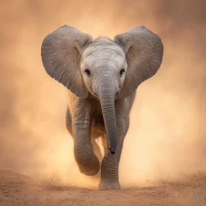 A baby African elephant named Ember, looking toward the camera w...