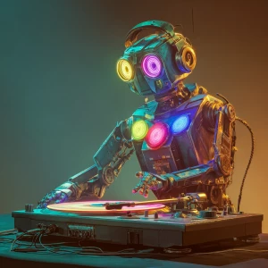 Futuristic DJ robot with glowing neon lights, mixing music on a...