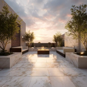 Create an image of an outdoor courtyard featuring marble floorin...