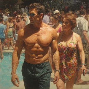 Hyperrealism, oil painting,a muscular beefy kerela man walking ,...