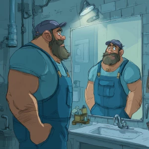 Generate an image of a muscular and hairy handyman without a shi...