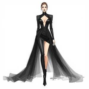 Generate a fashion sketch depicting a model showcasing an elegan...