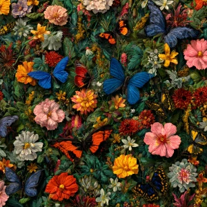 a flower garden full of butterflies"