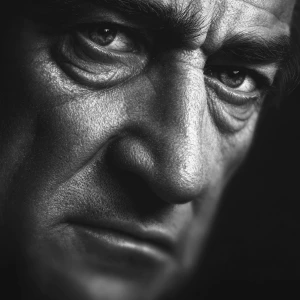 Ultra realistic big close-up portrait of Robert De Niro, black a...