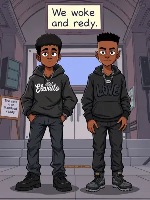 Create a photorealistic cartoon-style comicfeaturing two serious...