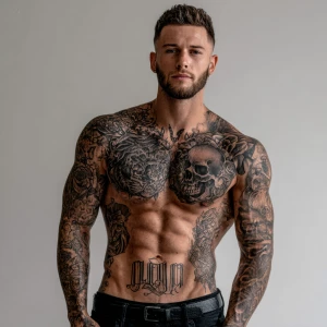 A muscular man with light skin and short dark brown hair is depi...