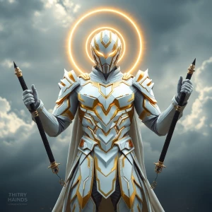 A futuristic armored superhero standing in a dramatic cinematic...