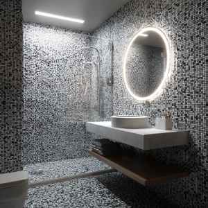 Generate a realistic image of a full small bathroom interior fea...