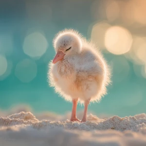 A few days old baby flamingo named Flan, with soft pale-gray chi...