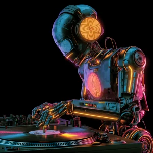 Futuristic DJ robot with glowing neon lights, mixing music on a...
