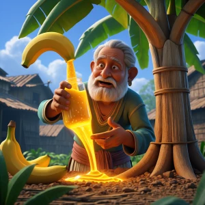 3D cartoon old Indian grandfather pouring magical banana growth...