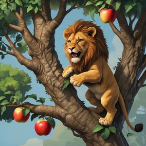 Lion climbing tree to eat an apple