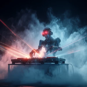 Robot DJ with humanoid features, illuminated DJ booth, lasers an...