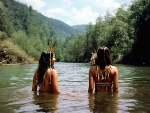 Native American girls bathing in a river without their outfits o...
