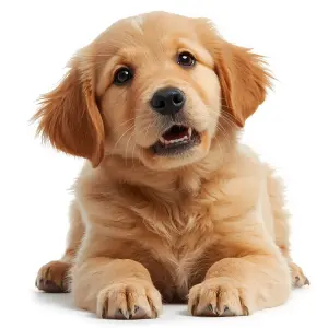Generate an image of a playful golden retriever puppy with fluff...