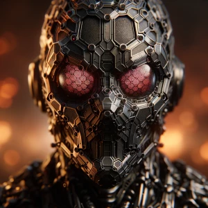 A hyper-realistic close-up portrait of a robotic, biomechanical...