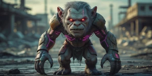 A cybernetically enhanced troll, covered in rusted metal plates...