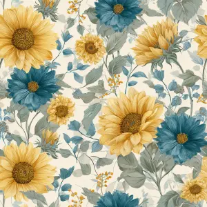 flat printable-style pattern artwork, sunflower and blue sky far...