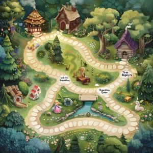 A detailed fantasy board game illustration with a path made of 1...