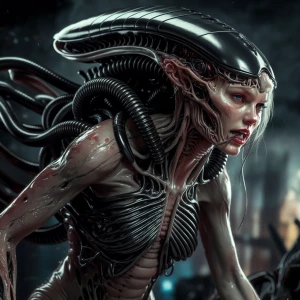 taylor swiftt, transforming into a Xenomorph hybrid, H.R. Giger...