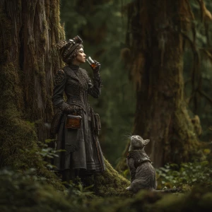 In the depths of a gloomy forest, where majestic trees are cover...