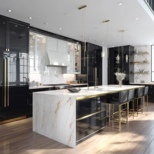 Design a modern luxury kitchen featuring black lower cabinets, g...