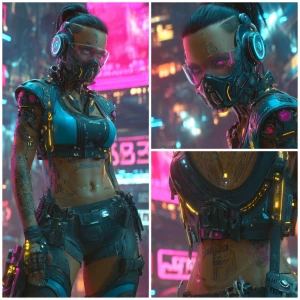 Create an image of a cyberpunk-style witch with futuristic cloth...