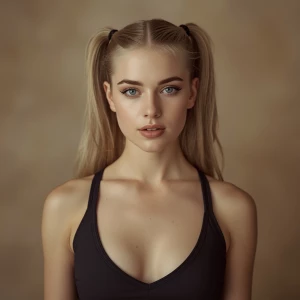 "Photorealistic 35mm half-body photograph of young Caucasian wom...