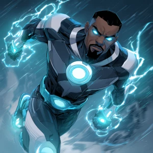 Wide low angle  shot of A muscular black man with short, dark ha...