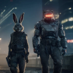 "A wide cinematic shot from a live-action 1990s sci-fi movie. Tw...