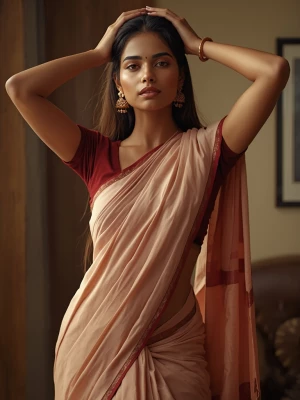 A modern South Indian woman wearing a soft peach-colored low-wai...