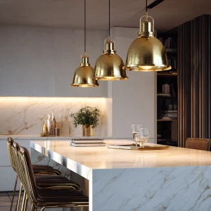 Create a sophisticated scene with elegant brass pendant lights s...