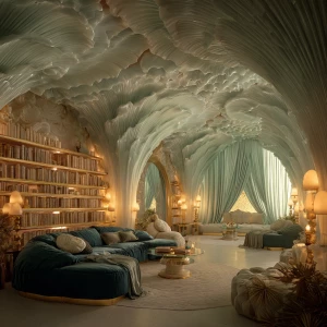Calmness inside a library made of translucent seashells, curved...
