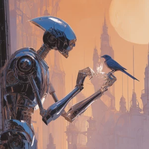 Retro-futuristic concept art. A sleek, chrome-plated robot with...